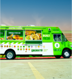 An Uberrito Mexican food truck parked in a parking lot.