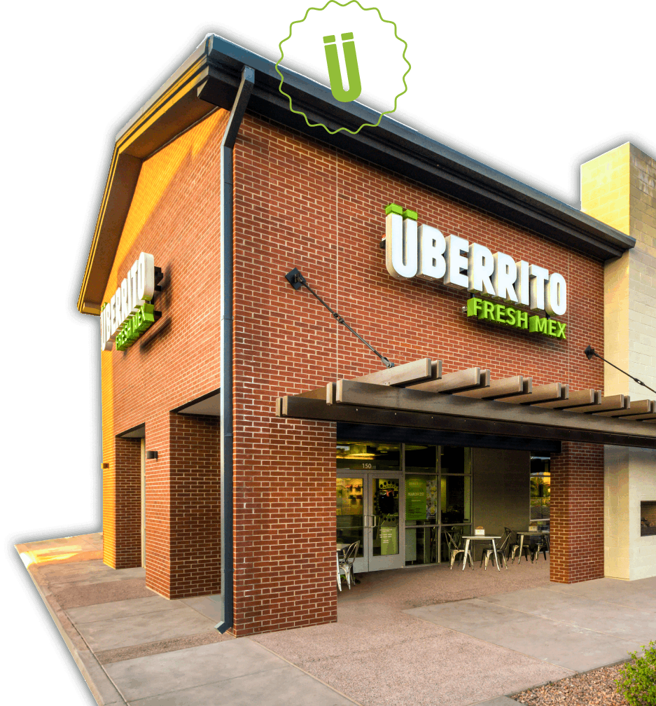 The exterior of an Uberrito Mexican restaurant franchise.