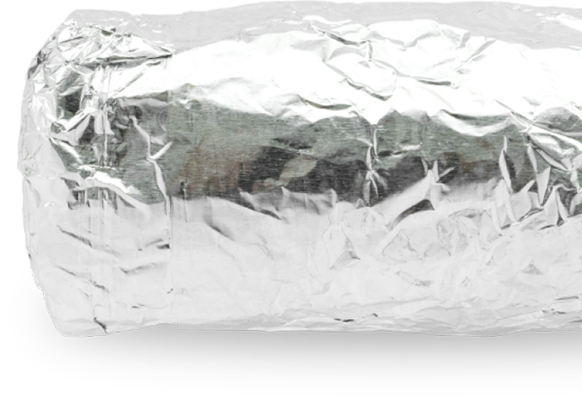 A silver foil wrapped burrito