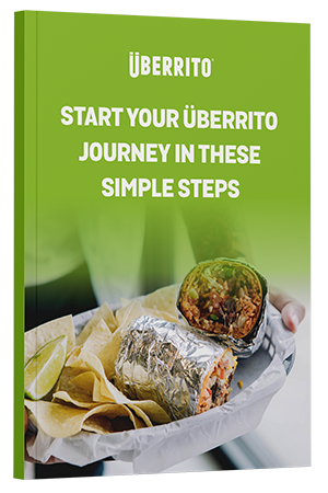 Person holding a tray with a wrap cut in half, chips, and lime wedges. The text on the image reads, "ÜBERRITO - START YOUR ÜBERRITO JOURNEY IN THESE SIMPLE STEPS.